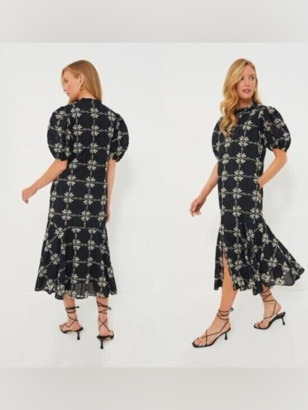 Tuckernuck Black Eyelet Midi Dress with Cream Floral Lattice large